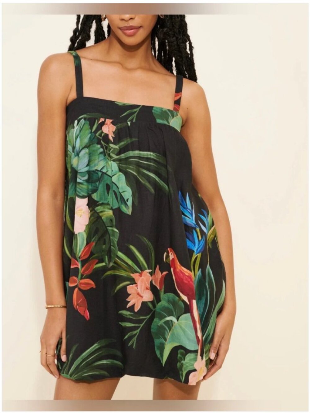 Farm Rio Midnight Macaw Fiesta Linen Blend Mini Dress size S